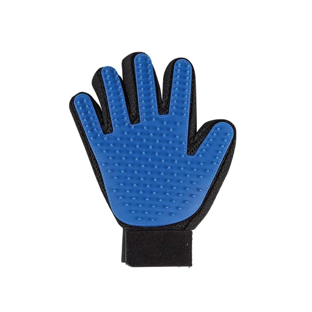 A blue and black 2in1 Pet Deshedding and Massage Glove designed for grooming dogs and cats, featuring silicone tips for effective hair removal.