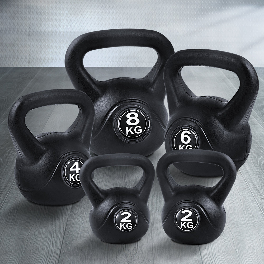 22kg Kettlebell Set featuring various weights, designed for home workouts with anti-slip grips and rubber surface.