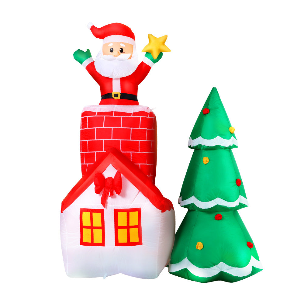 A vibrant 2.2M inflatable Santa in a chimney, surrounded by a colorful tree, perfect for Christmas decorations.