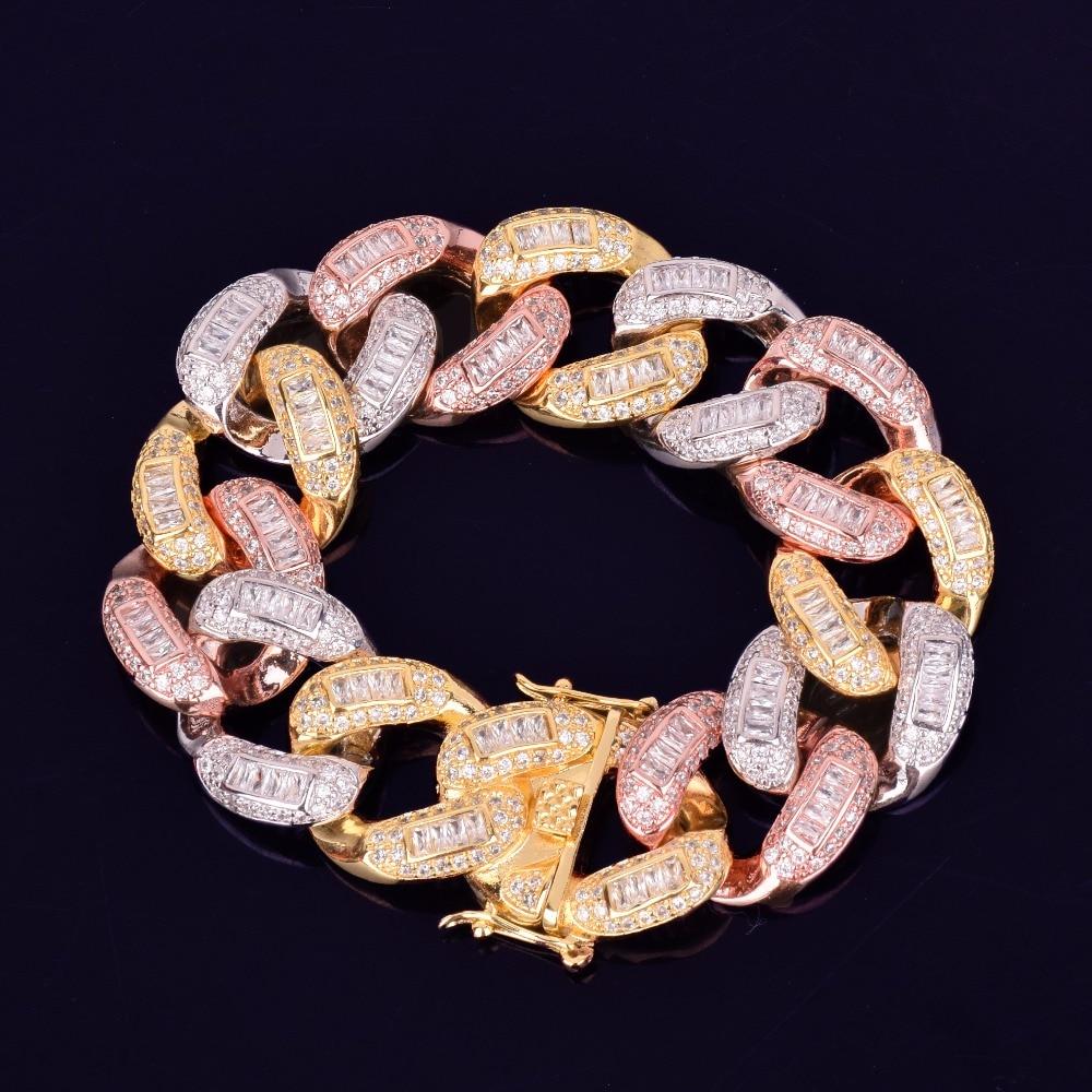 22mm Colorful Baguette Zircon Miami Cuban Link Bracelet featuring vibrant zircon stones and gold plating, designed for men and women.