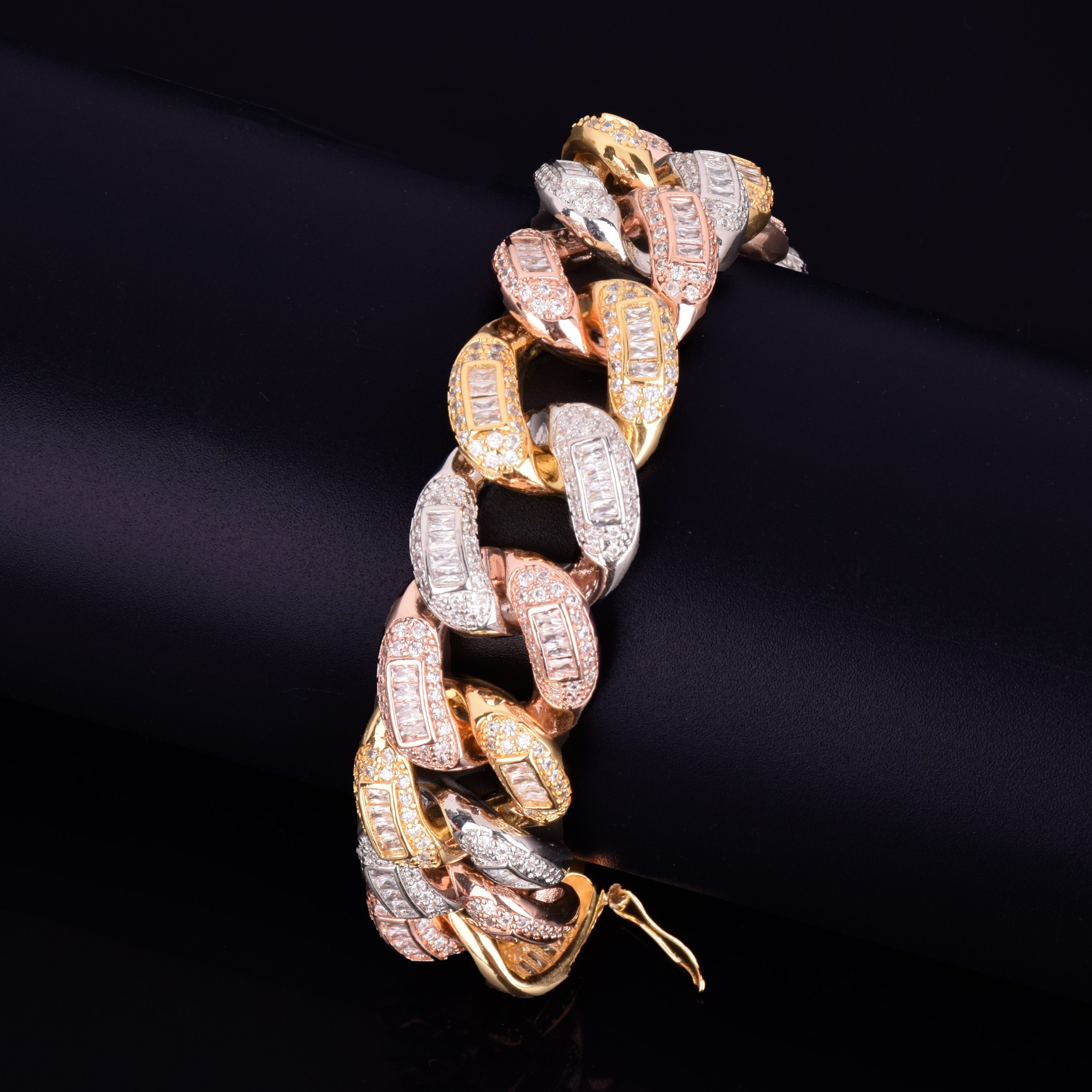 22mm Colorful Baguette Zircon Miami Cuban Link Bracelet featuring vibrant zircon stones and gold plating, designed for men and women.