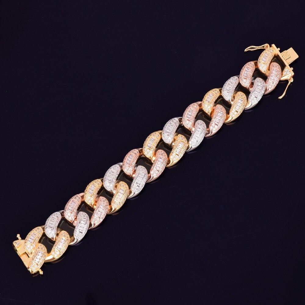 22mm Colorful Baguette Zircon Miami Cuban Link Bracelet featuring vibrant zircon stones and gold plating, designed for men and women.