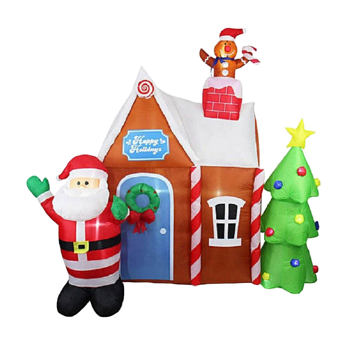 A large inflatable gingerbread house with Santa, Christmas tree, and gingerbread man, illuminated by bright white LED lights, perfect for outdoor Christmas decorations.