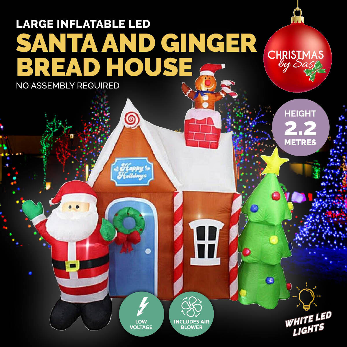 A large inflatable gingerbread house with Santa, Christmas tree, and gingerbread man, illuminated by bright white LED lights, perfect for outdoor Christmas decorations.