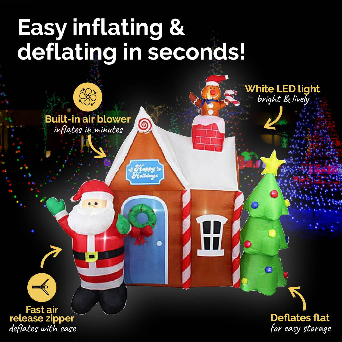 A large inflatable gingerbread house with Santa, Christmas tree, and gingerbread man, illuminated by bright white LED lights, perfect for outdoor Christmas decorations.