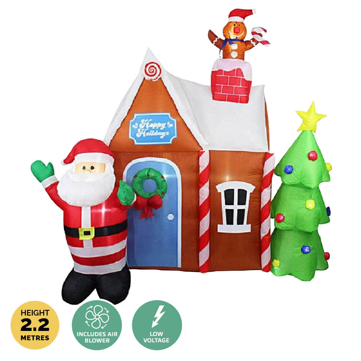 A large inflatable gingerbread house with Santa, Christmas tree, and gingerbread man, illuminated by bright white LED lights, perfect for outdoor Christmas decorations.