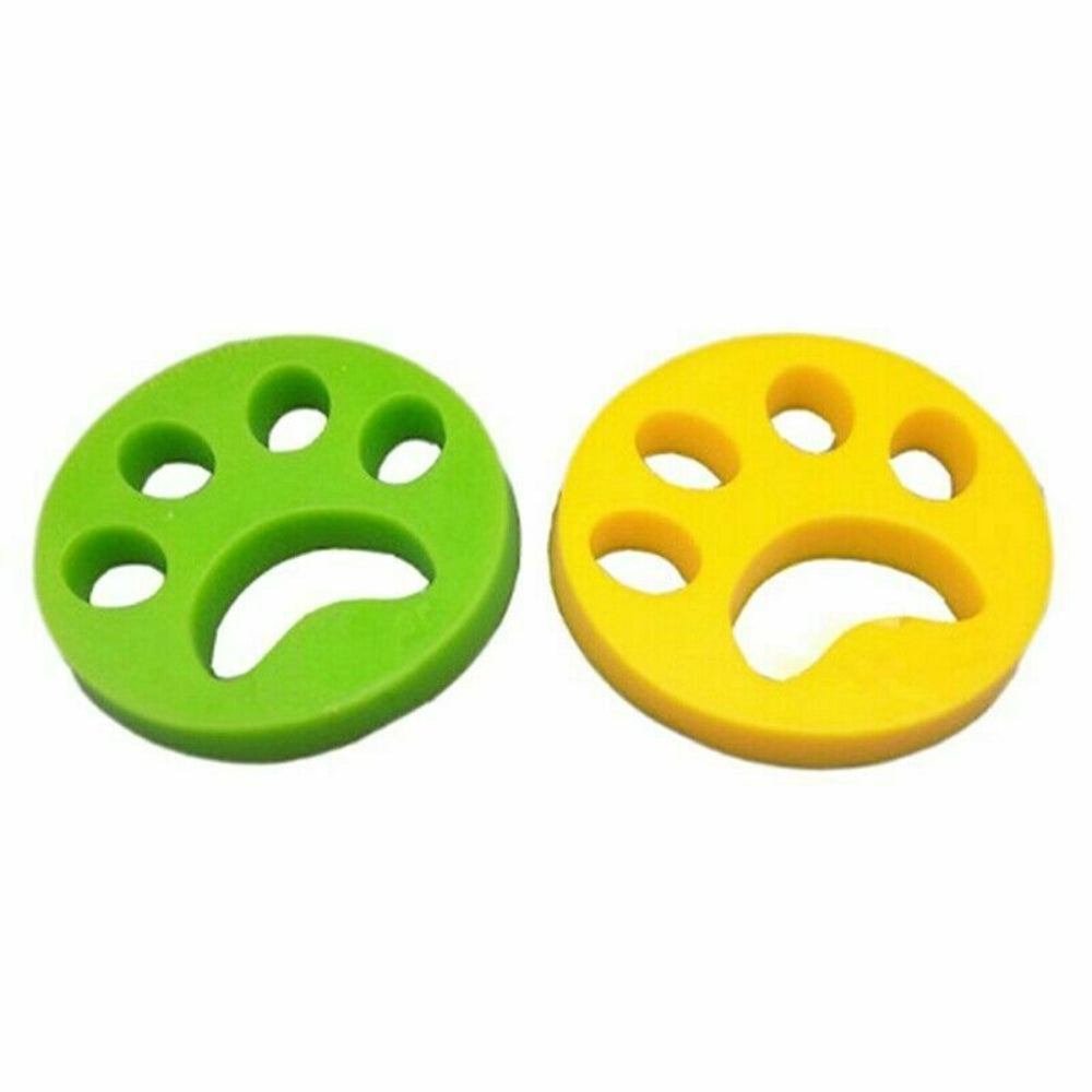 Two silicone pet hair removers in yellow and green, designed to catch dog and cat fur during laundry.