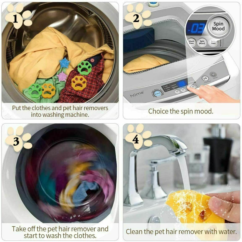 Two silicone pet hair removers in yellow and green, designed to catch dog and cat fur during laundry.