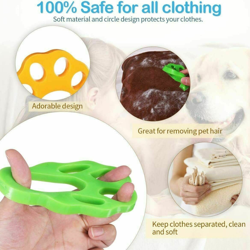 Two silicone pet hair removers in yellow and green, designed to catch dog and cat fur during laundry.