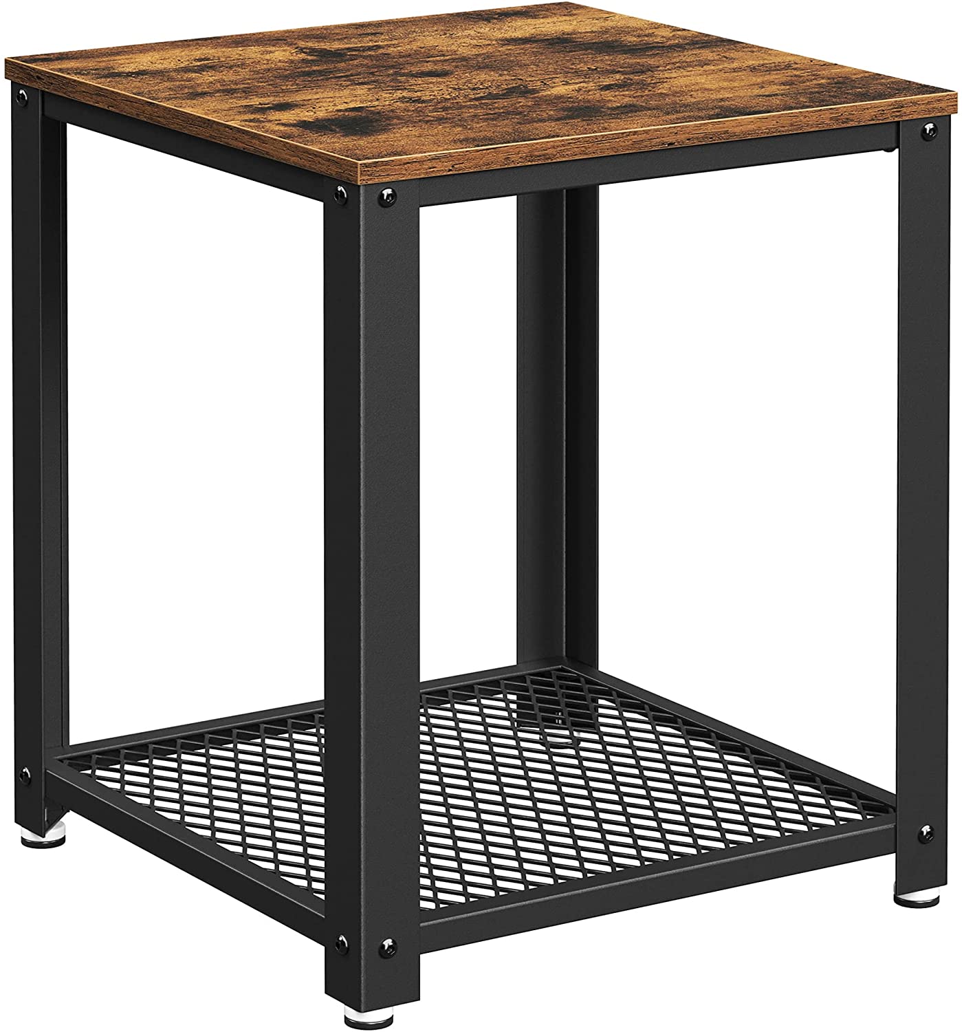 2-Tier Side Table with Storage Shelf featuring a rustic brown finish and a sturdy black metal frame, ideal for modern living spaces.