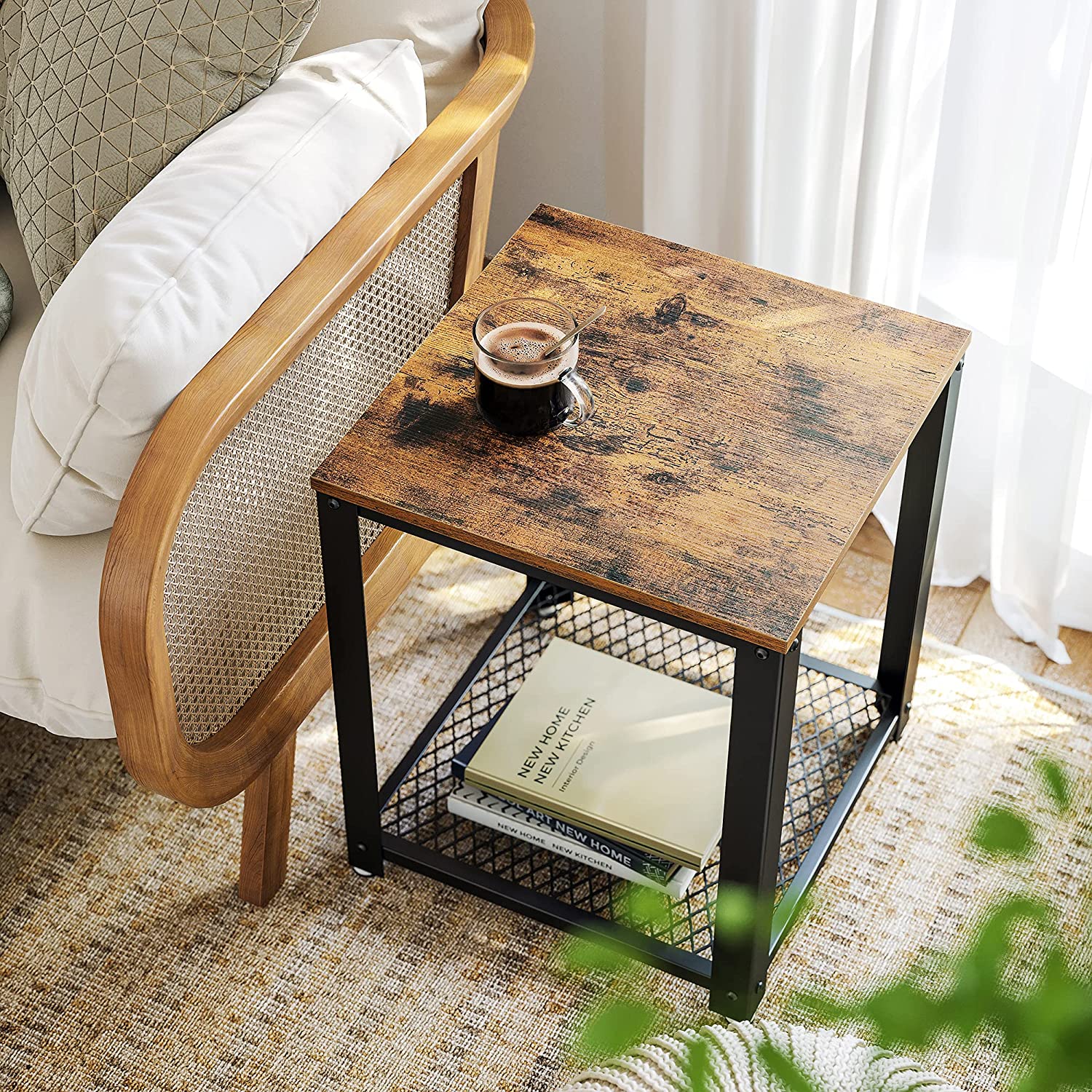 2-Tier Side Table with Storage Shelf featuring a rustic brown finish and a sturdy black metal frame, ideal for modern living spaces.