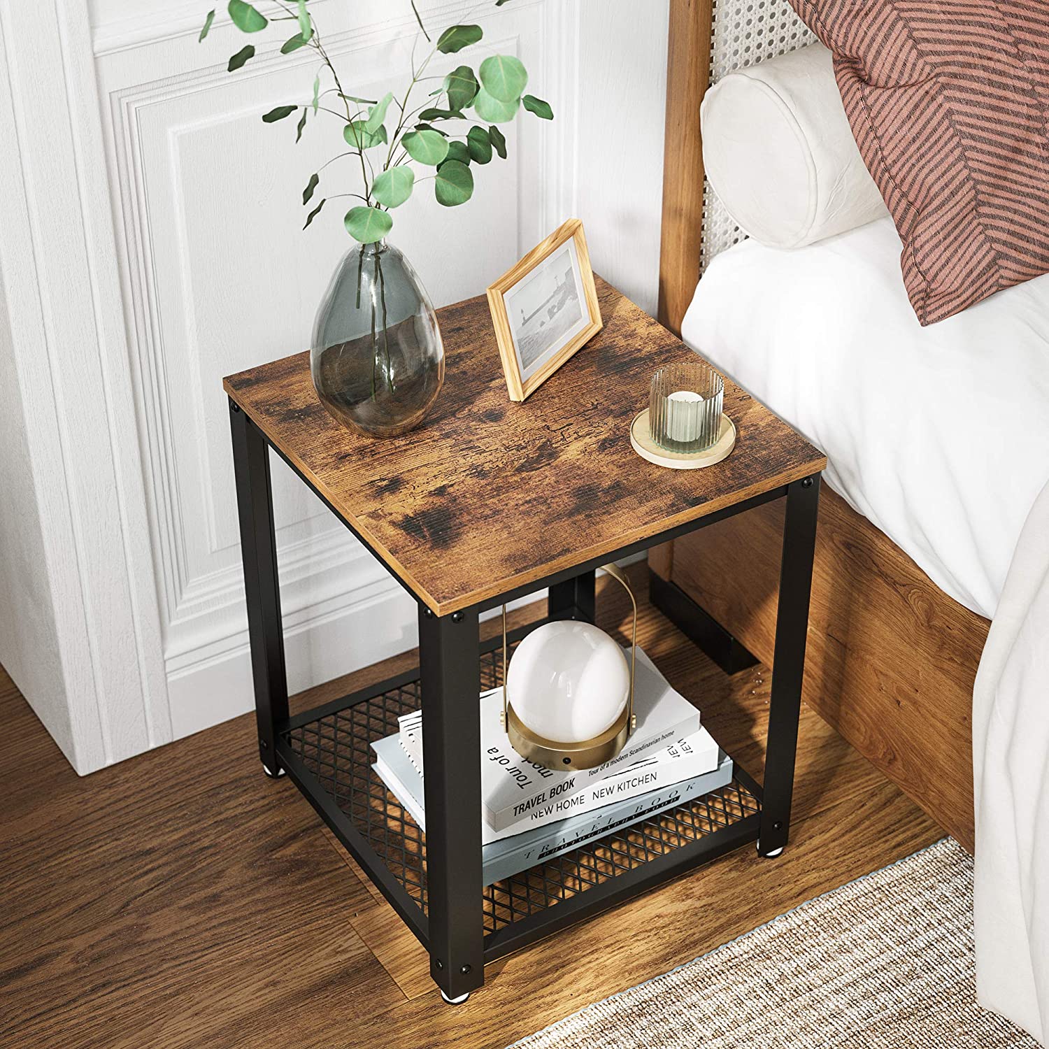 2-Tier Side Table with Storage Shelf featuring a rustic brown finish and a sturdy black metal frame, ideal for modern living spaces.