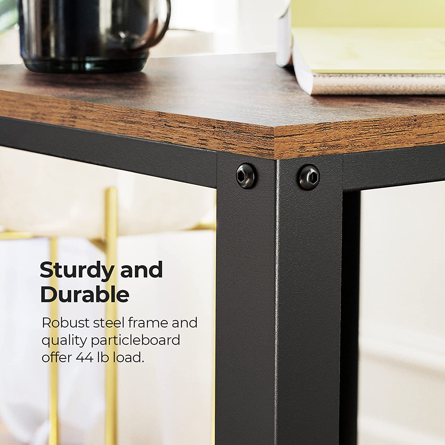 2-Tier Side Table with Storage Shelf featuring a rustic brown finish and a sturdy black metal frame, ideal for modern living spaces.