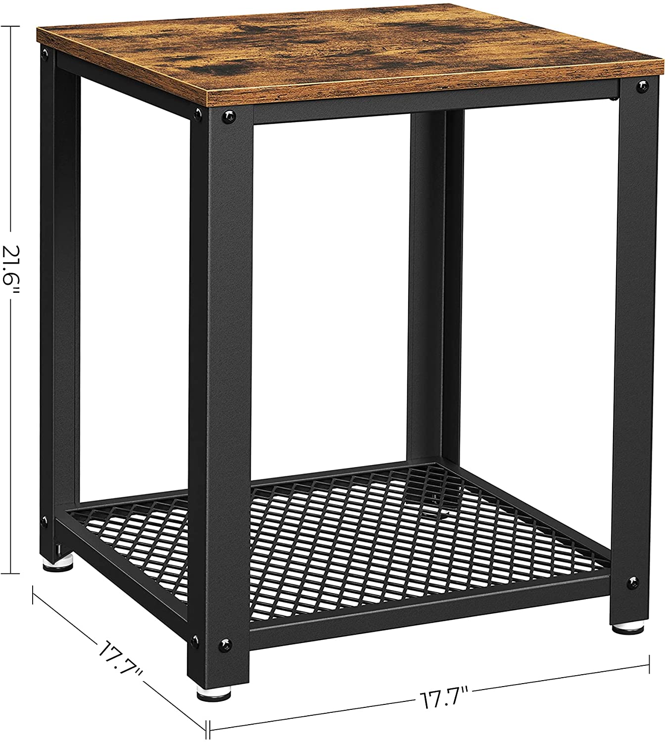 2-Tier Side Table with Storage Shelf featuring a rustic brown finish and a sturdy black metal frame, ideal for modern living spaces.