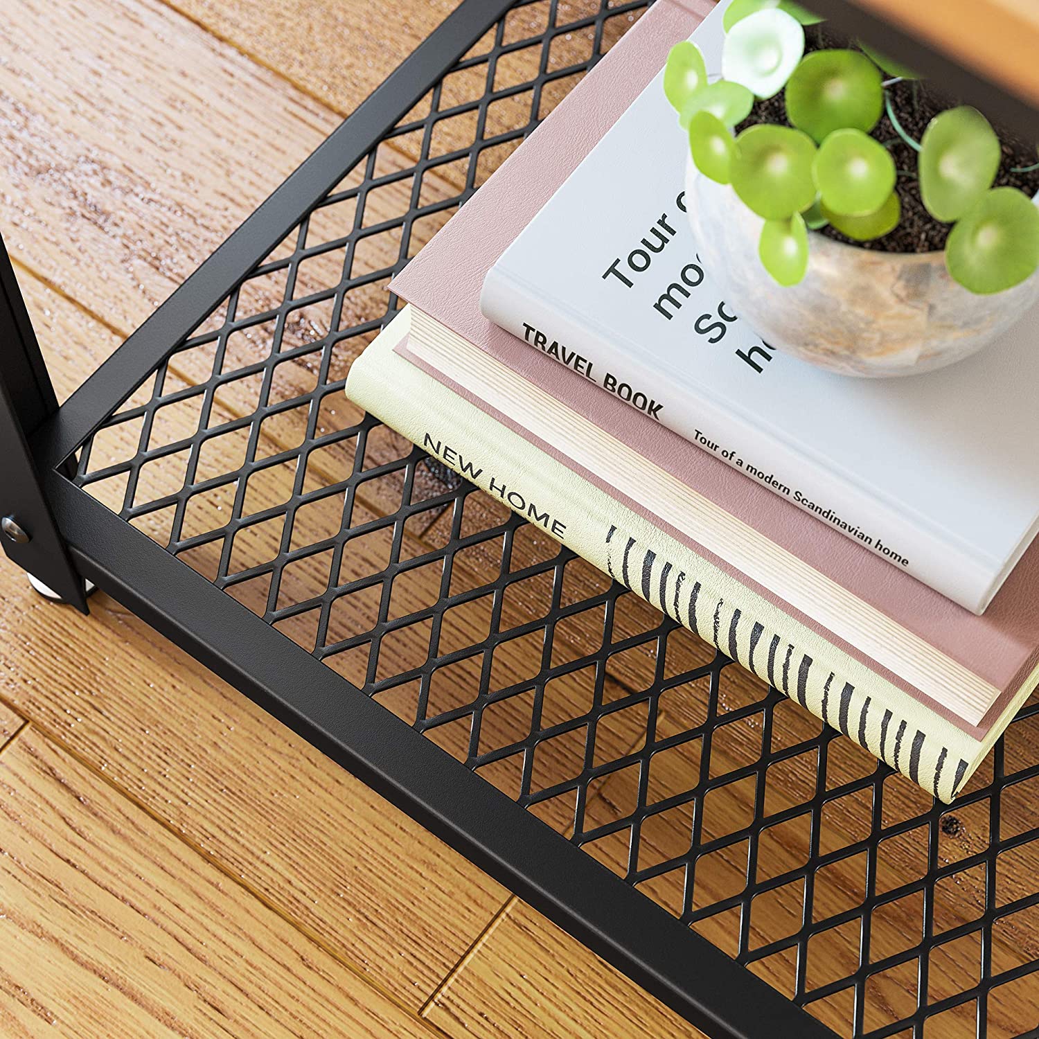 2-Tier Side Table with Storage Shelf featuring a rustic brown finish and a sturdy black metal frame, ideal for modern living spaces.