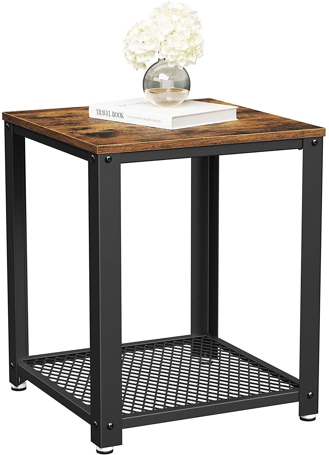 2-Tier Side Table with Storage Shelf featuring a rustic brown finish and a sturdy black metal frame, ideal for modern living spaces.