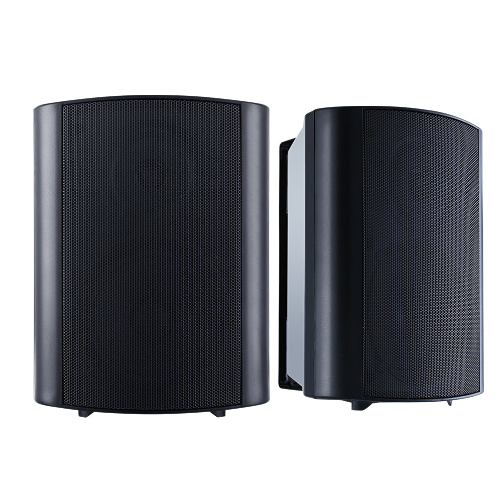 A pair of sleek 2-way in-wall speakers designed for indoor and outdoor audio use, featuring a metal grille and durable plastic enclosure.