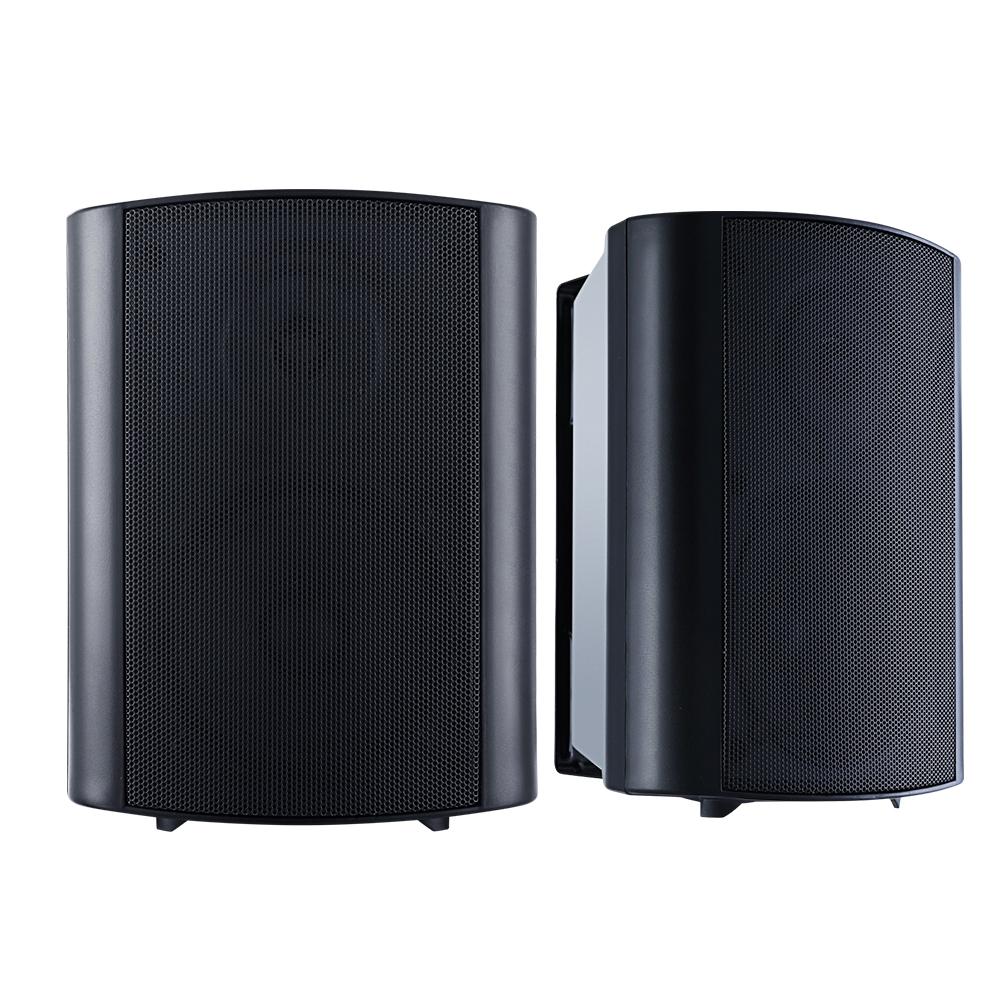 A pair of 2-way in-wall speakers featuring a 5.25-inch woofer and a 2.5-inch dome tweeter, designed for indoor and outdoor audio use.