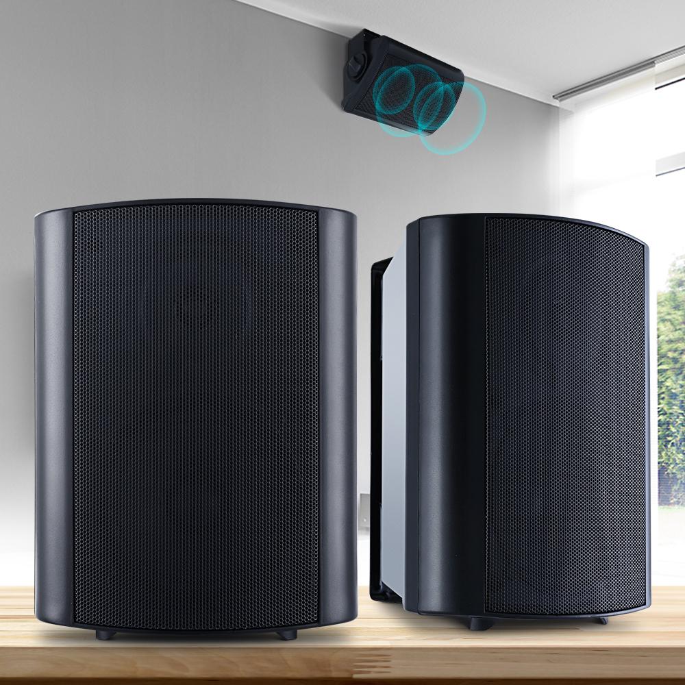 A pair of 2-way in-wall speakers featuring a 5.25-inch woofer and a 2.5-inch dome tweeter, designed for indoor and outdoor audio use.