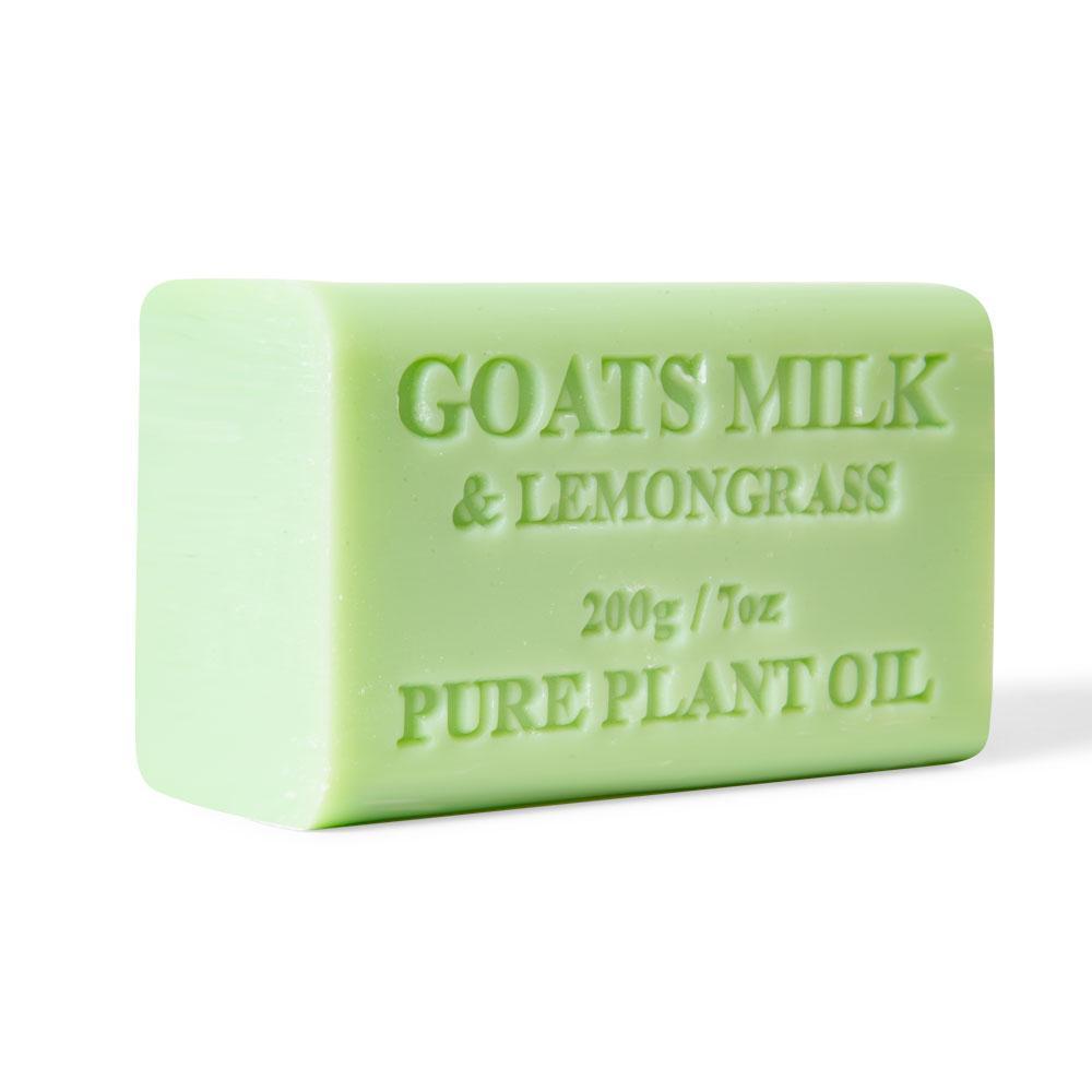 Two 200g Goats Milk Soap Bars with Lemongrass scent, showcasing their creamy texture and natural ingredients, beautifully packaged.