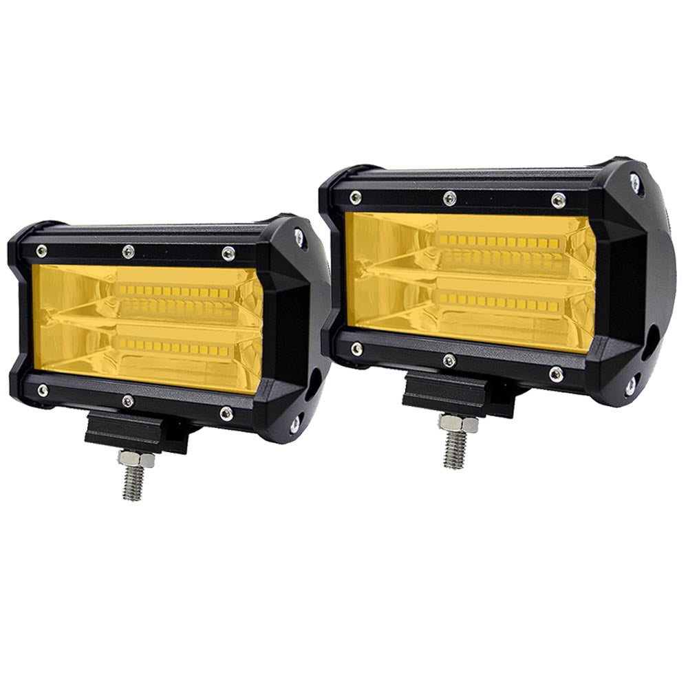 Two 5-inch yellow flood LED light bars designed for offroad, boating, and truck applications, showcasing robust construction and bright illumination.