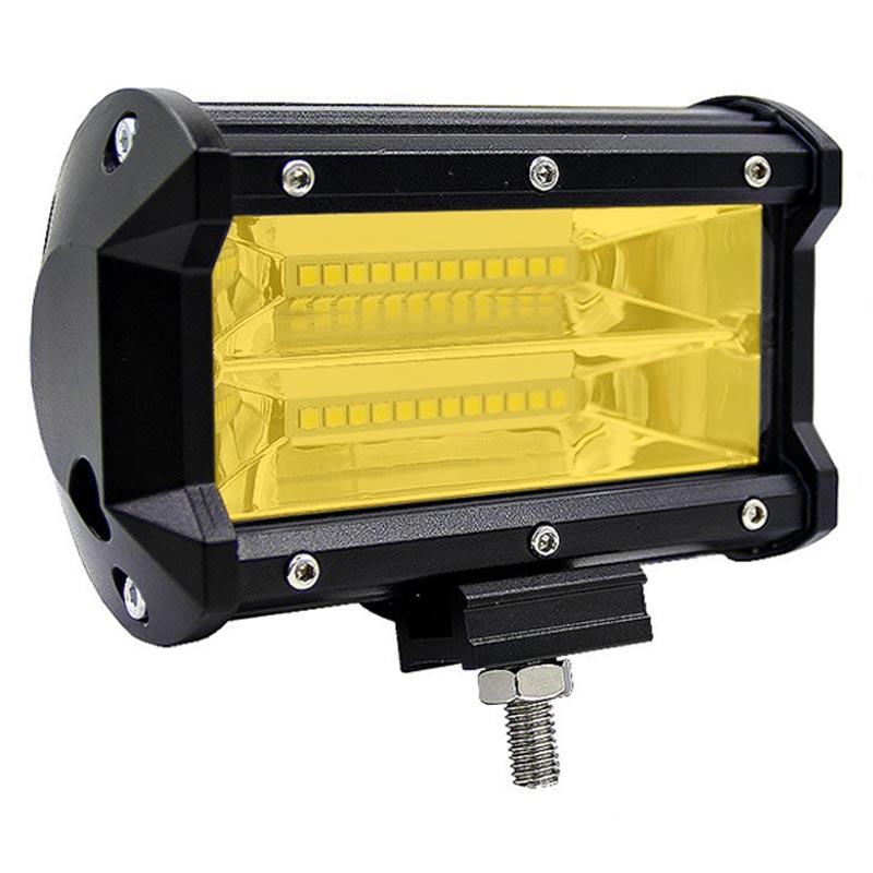 Two 5-inch yellow flood LED light bars designed for offroad, boating, and truck applications, showcasing robust construction and bright illumination.