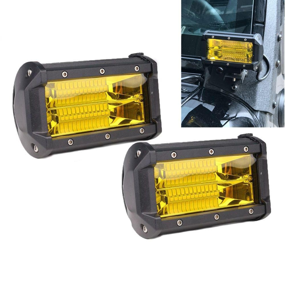 Two 5-inch yellow flood LED light bars designed for offroad, boating, and truck applications, showcasing robust construction and bright illumination.