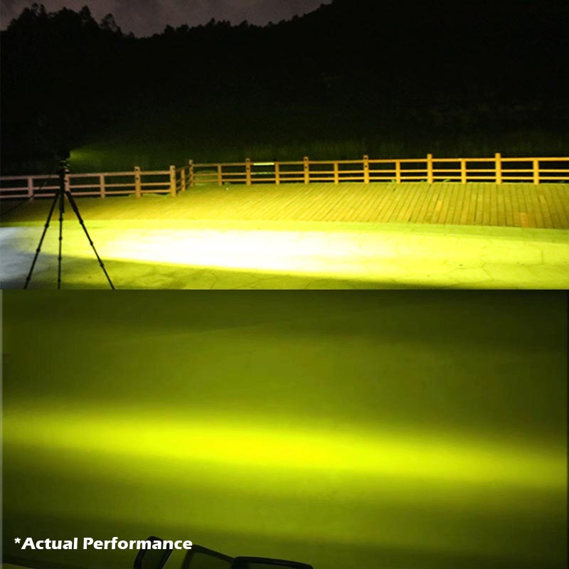 Two 5-inch yellow flood LED light bars designed for offroad, boating, and truck applications, showcasing robust construction and bright illumination.