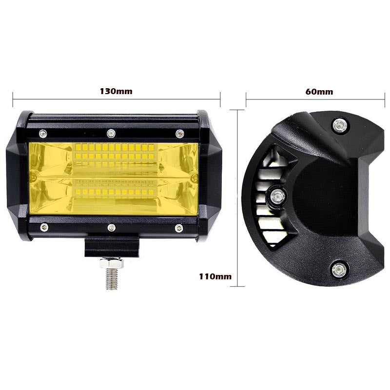 Two 5-inch yellow flood LED light bars designed for offroad, boating, and truck applications, showcasing robust construction and bright illumination.