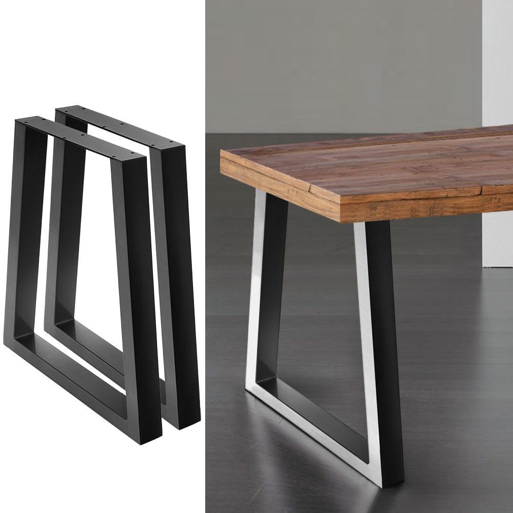 Two industrial vintage coffee dining table legs made of steel, featuring a trapezoid design and a matte black powder-coated finish.