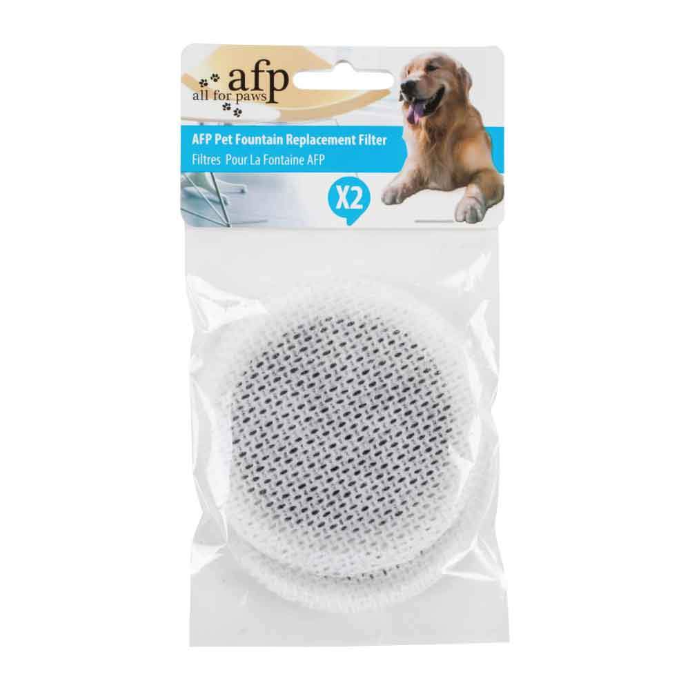 Two circular replacement filters for pet water fountain, designed for AFP All for Paws Fountain Fresh.