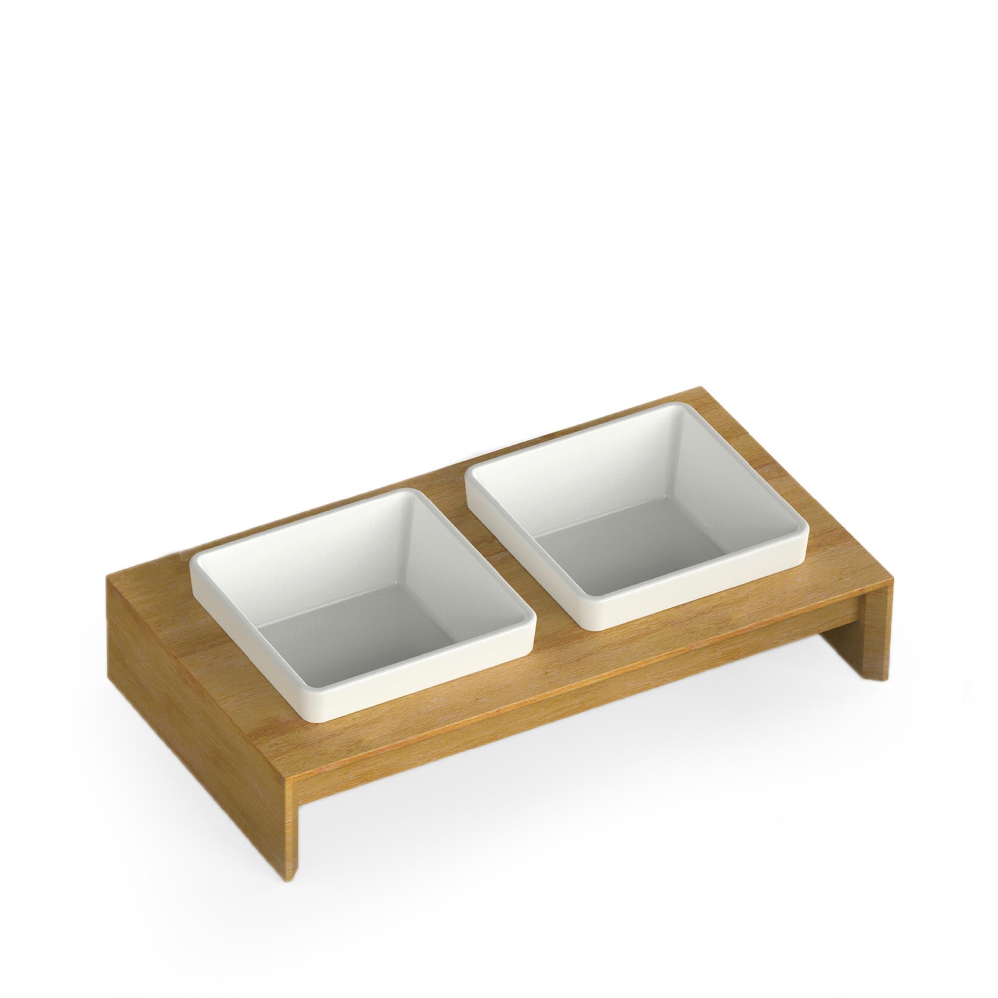 Elevated wooden base with two ceramic bowls for pets, designed for better eating posture.