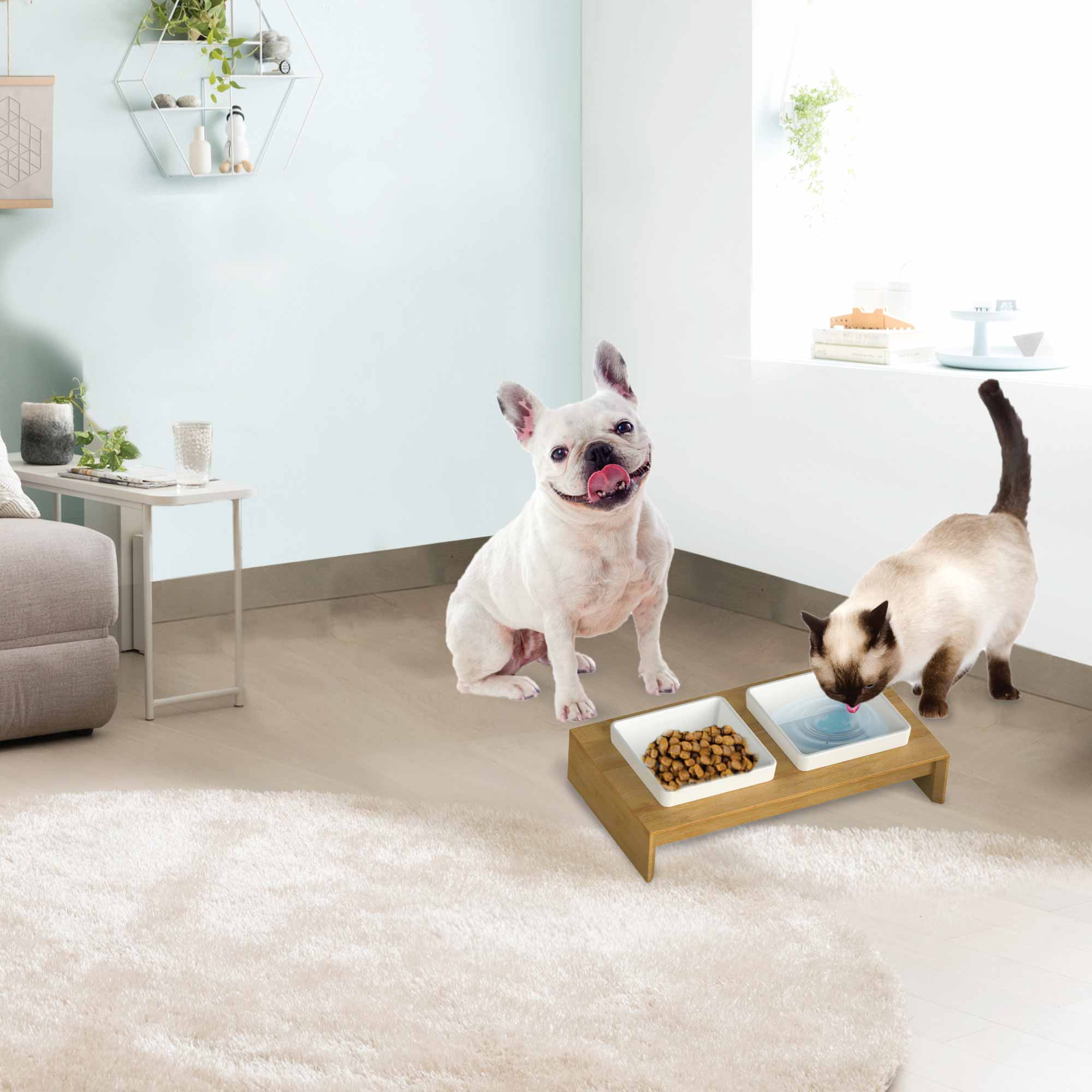 Elevated wooden base with two ceramic bowls for pets, designed for better eating posture.