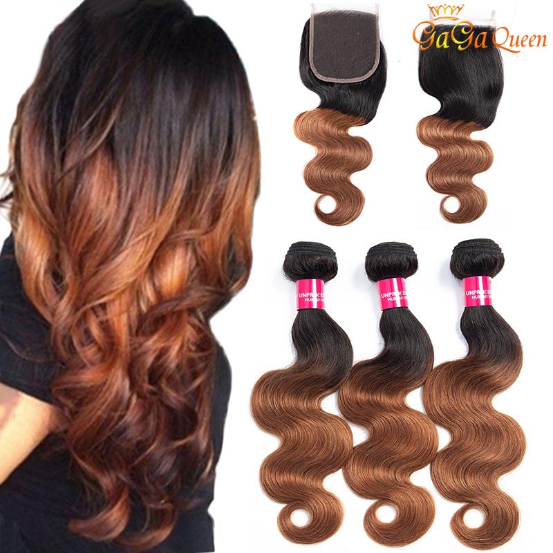 3 Bundles of 1b/30 Brazilian Body Wave Virgin Hair with a 4x4 Lace Closure, showcasing the luxurious texture and ombre color.