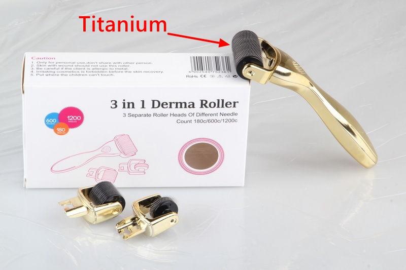 3 in 1 Kit Derma Roller with titanium micro needles for skincare, featuring three needle sizes for various treatments.