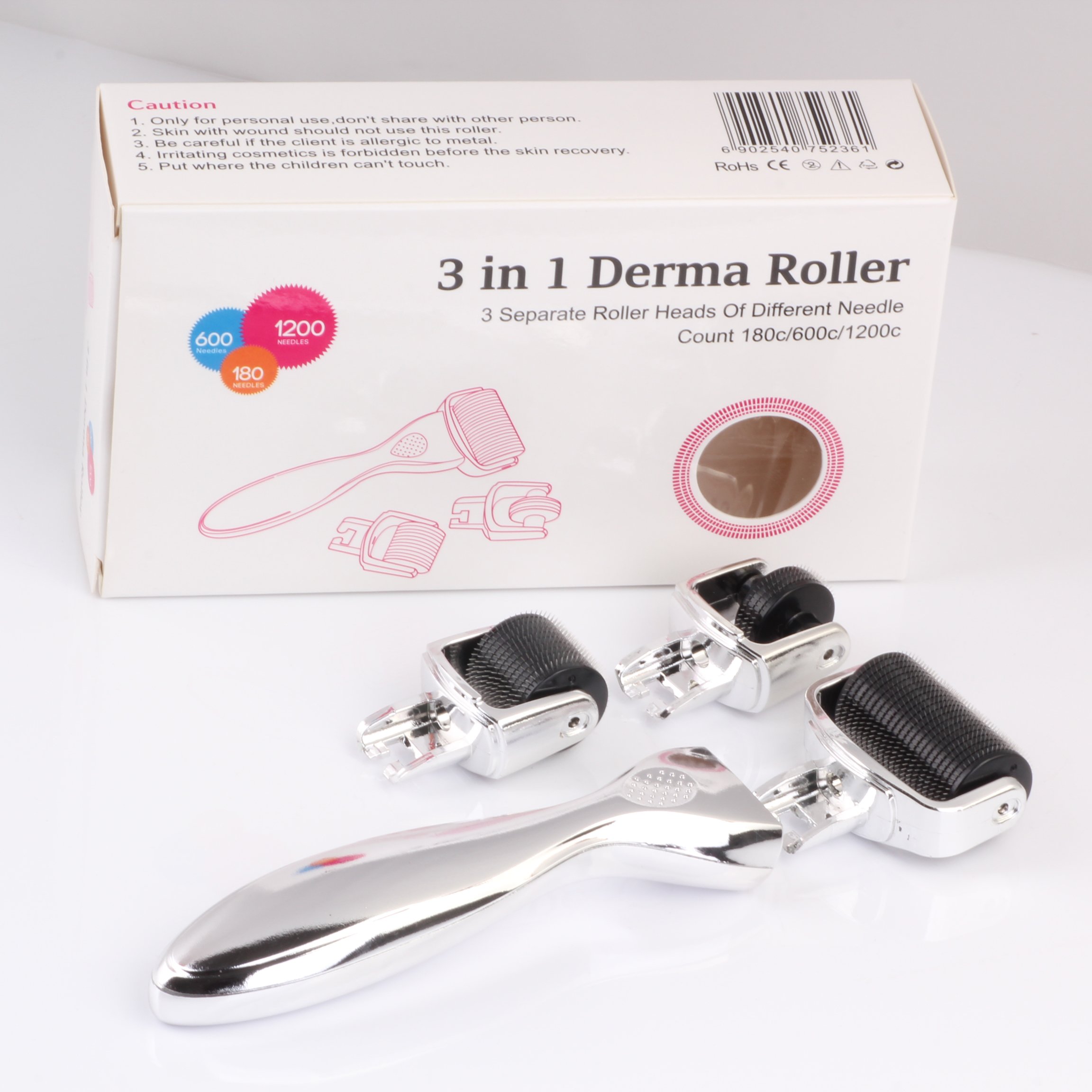 3 in 1 Kit Derma Roller with titanium micro needles for skincare, featuring three needle sizes for various treatments.