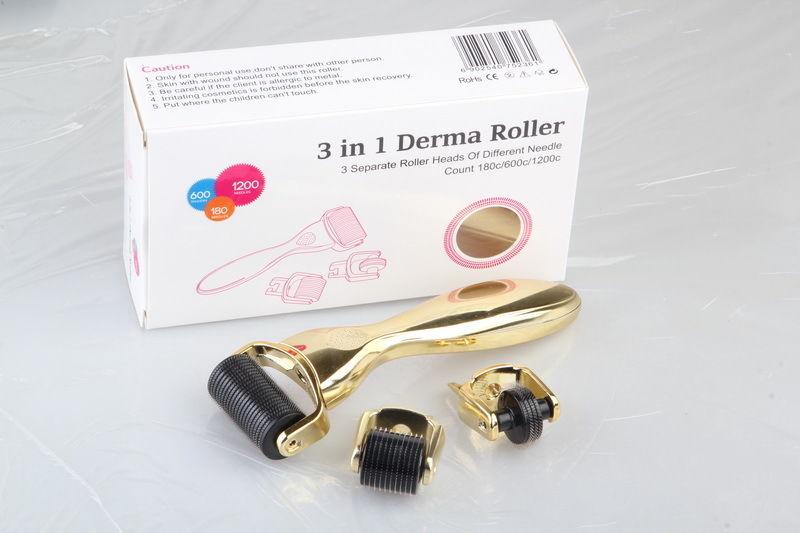 3 in 1 Kit Derma Roller with titanium micro needles for skincare, featuring three needle sizes for various treatments.