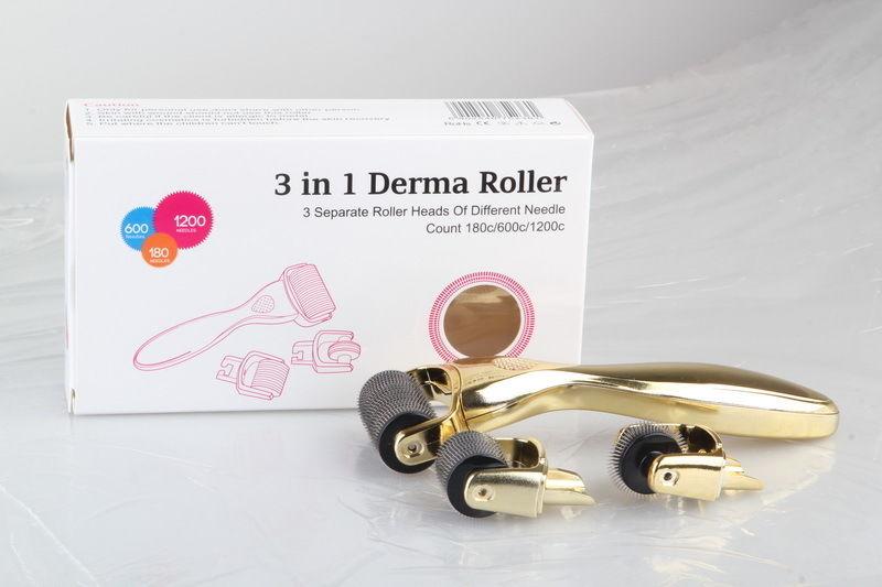 3 in 1 Kit Derma Roller with titanium micro needles for skincare, featuring three needle sizes for various treatments.