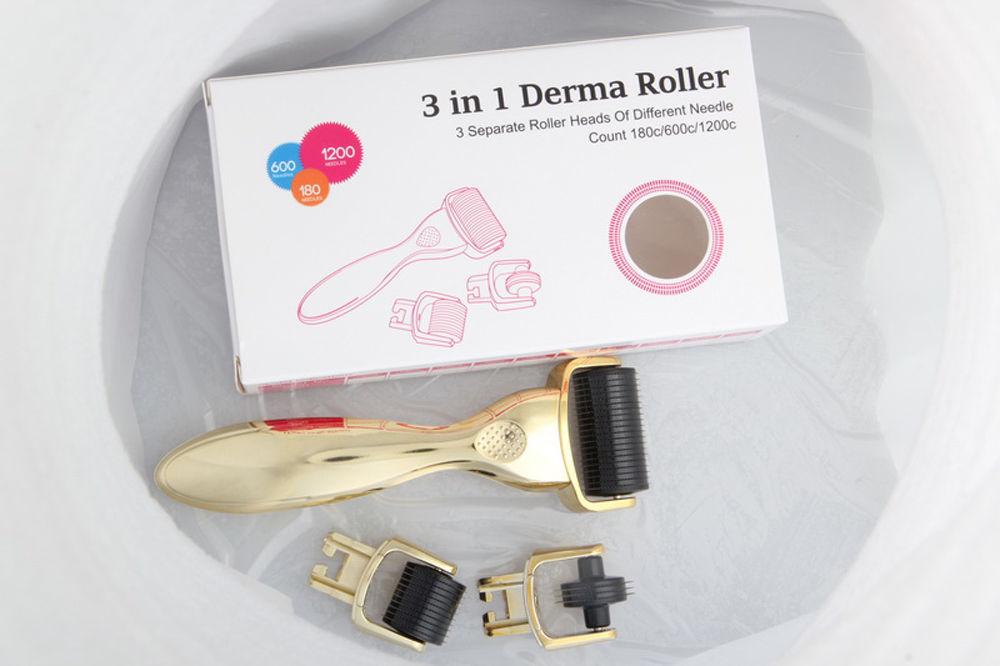 3 in 1 Kit Derma Roller with titanium micro needles for skincare, featuring three needle sizes for various treatments.