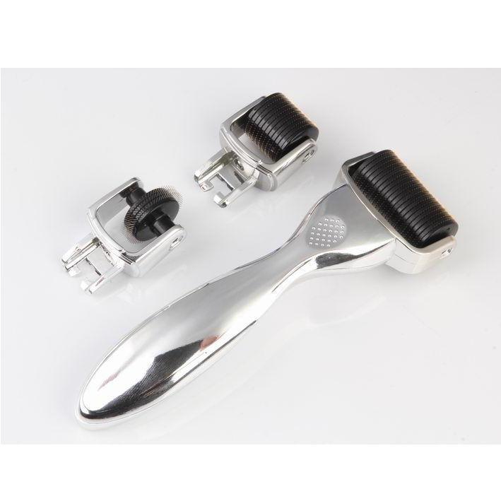 3 in 1 Kit Derma Roller with titanium micro needles for skincare, featuring three needle sizes for various treatments.