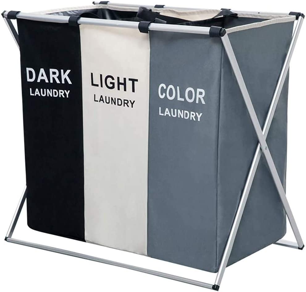 3 in 1 Large 135L Laundry Hamper with waterproof bags and aluminum frame, featuring three sections for sorting laundry.