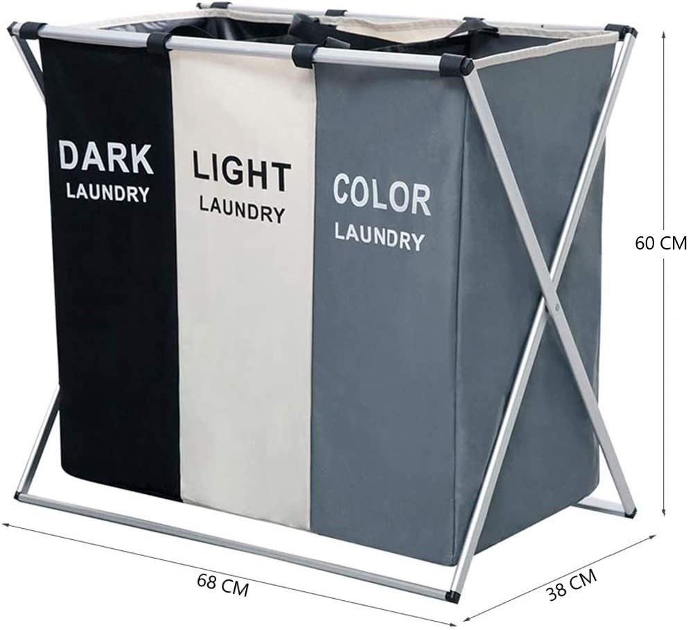 3 in 1 Large 135L Laundry Hamper with waterproof bags and aluminum frame, featuring three sections for sorting laundry.