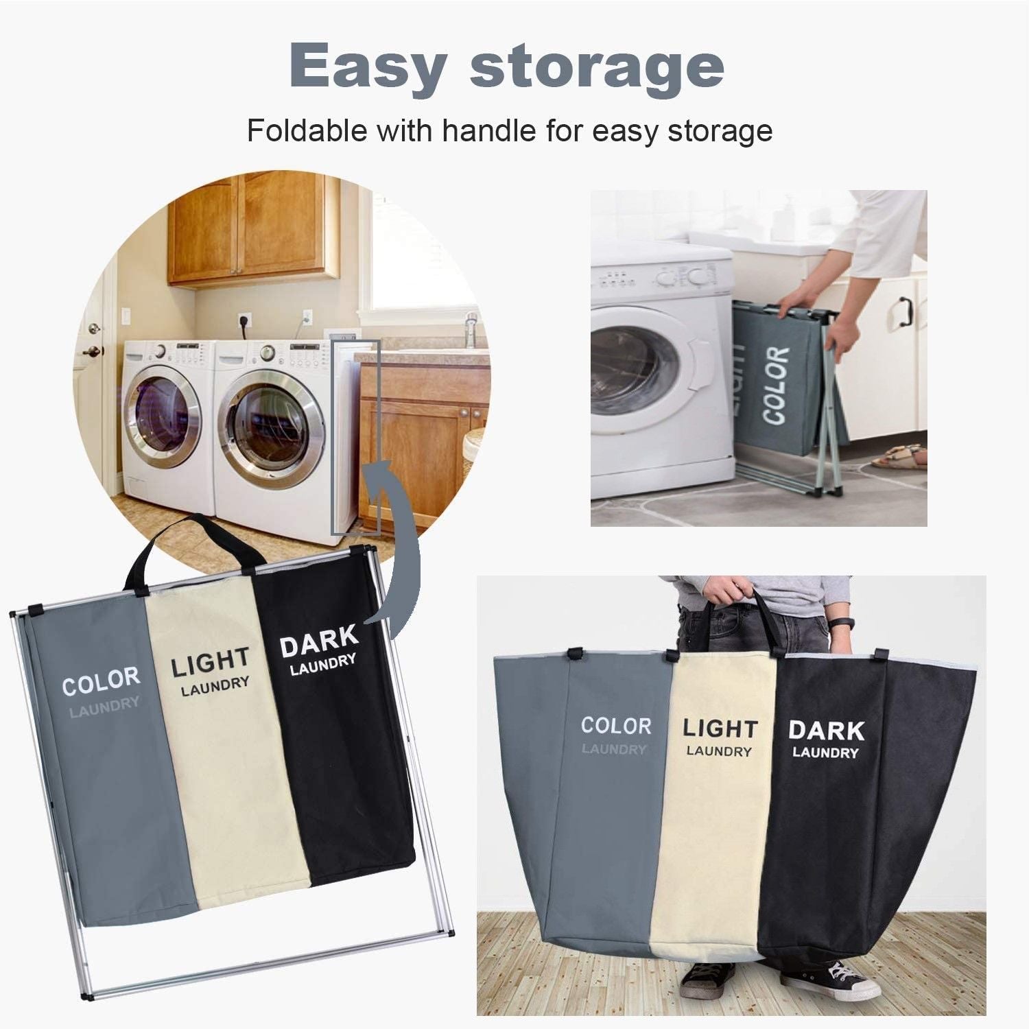 3 in 1 Large 135L Laundry Hamper with waterproof bags and aluminum frame, featuring three sections for sorting laundry.