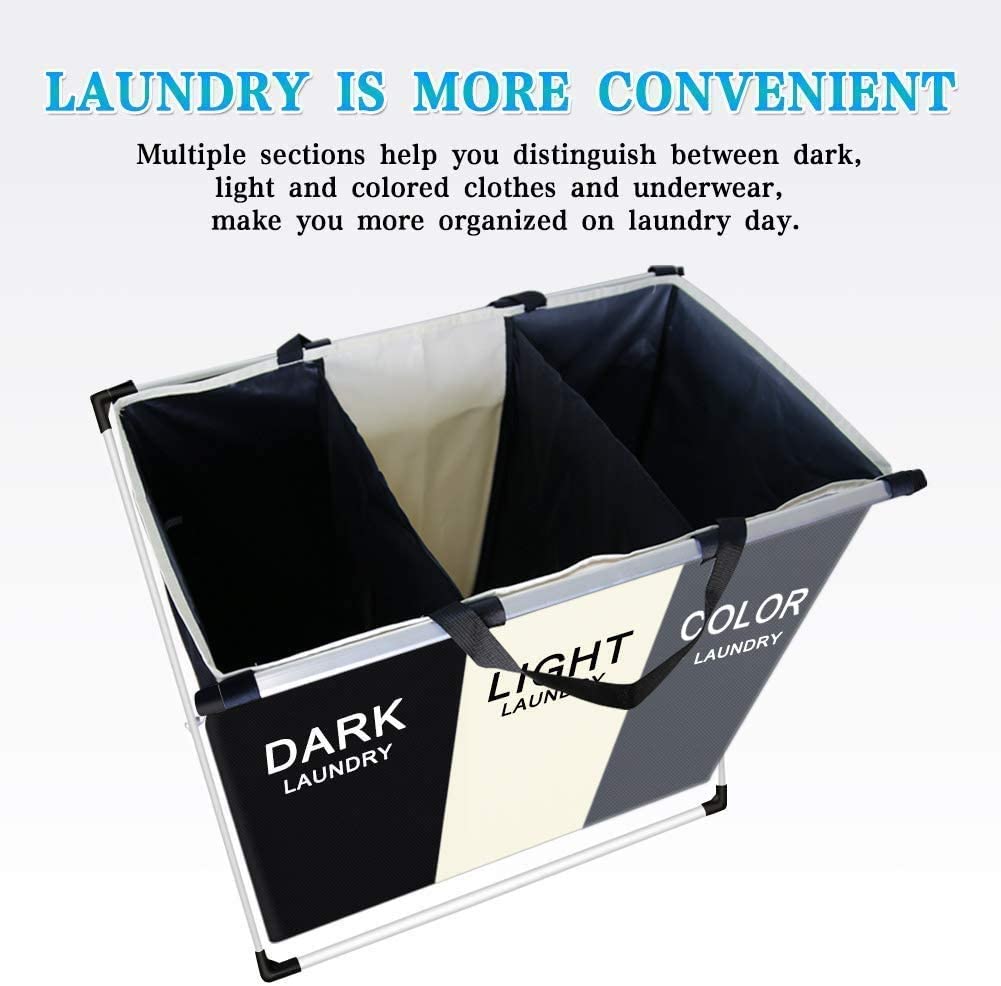 3 in 1 Large 135L Laundry Hamper with waterproof bags and aluminum frame, featuring three sections for sorting laundry.