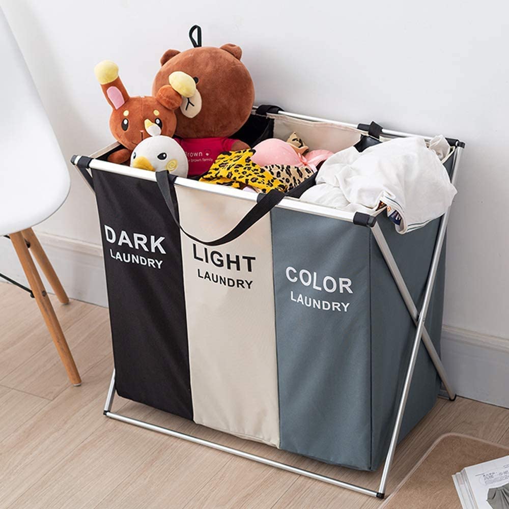 3 in 1 Large 135L Laundry Hamper with waterproof bags and aluminum frame, featuring three sections for sorting laundry.