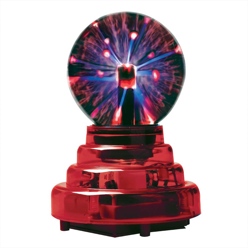 A 3 Inch Plasma Ball with a clear glass sphere and a vibrant red base, showcasing electric arcs and lightning effects.