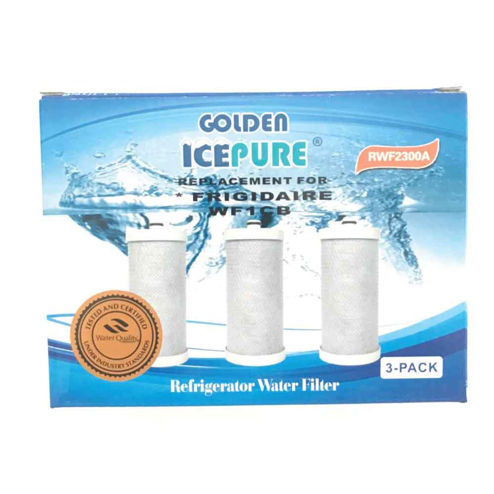 Three premium fridge water filter cartridges RWF2300A RFC2300A for Frigidaire refrigerators, showcasing their sleek design and packaging.