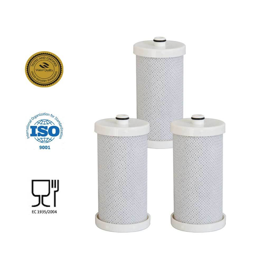 Three premium fridge water filter cartridges RWF2300A RFC2300A for Frigidaire refrigerators, showcasing their sleek design and packaging.