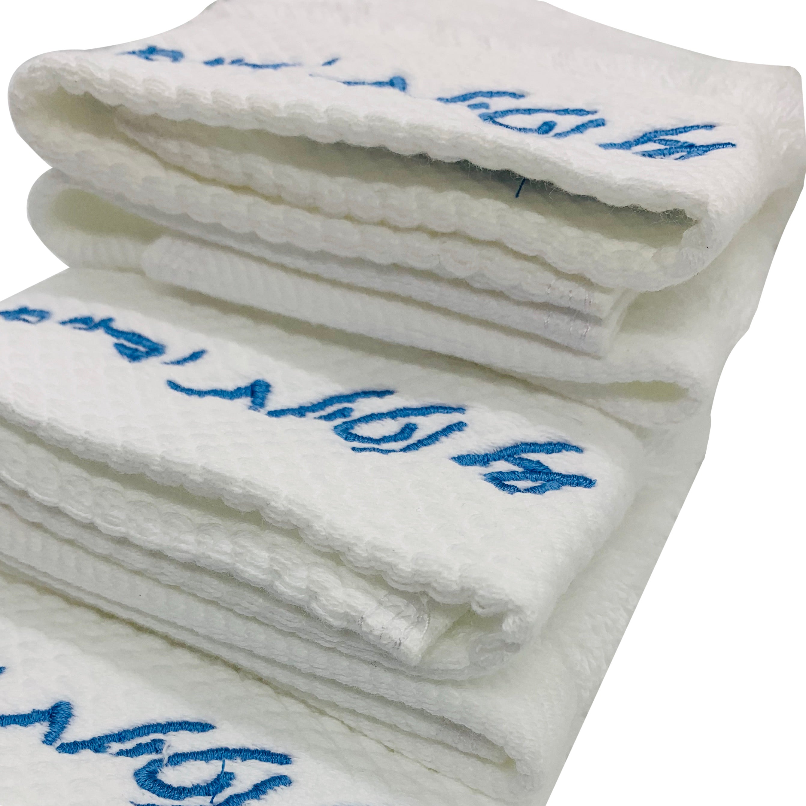 Three soft blue hand towels with embroidered design 'על נטילת ידיים', perfect for drying hands.