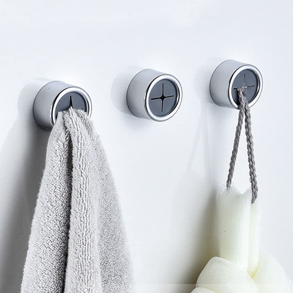 Three self-adhesive round towel hooks in chrome finish, designed for kitchen and bathroom use, showcasing their sleek and modern design.